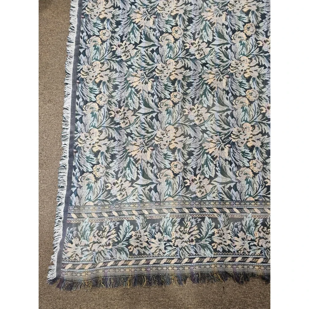Goodwin Weavers‎ Throw Blanket ~ 50x63 Blue Floral Cotton Fringe Reversible USA